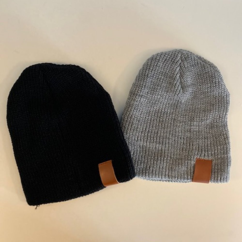 Kids Unisex Beanie, Black and Gray Leather Tag Combo